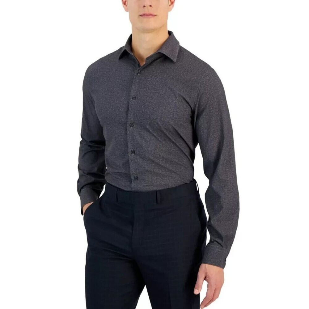 Alfani Men's Dress Shirt Texture Button Down Shirt Long Sleeve Charcoal Gray